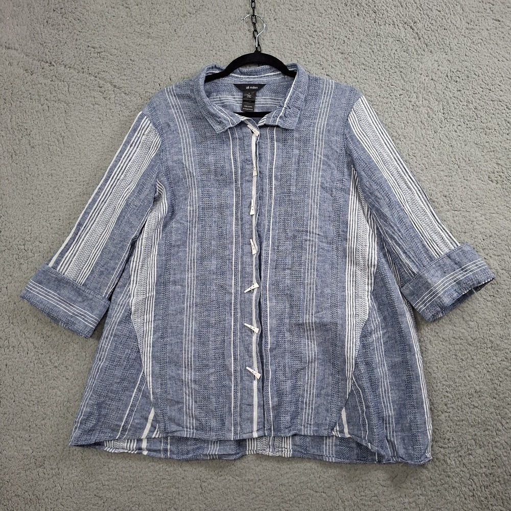 Ali Miles Women's Blouse Sz L Artsy Linen Blend Blue Button Up Wired Collar